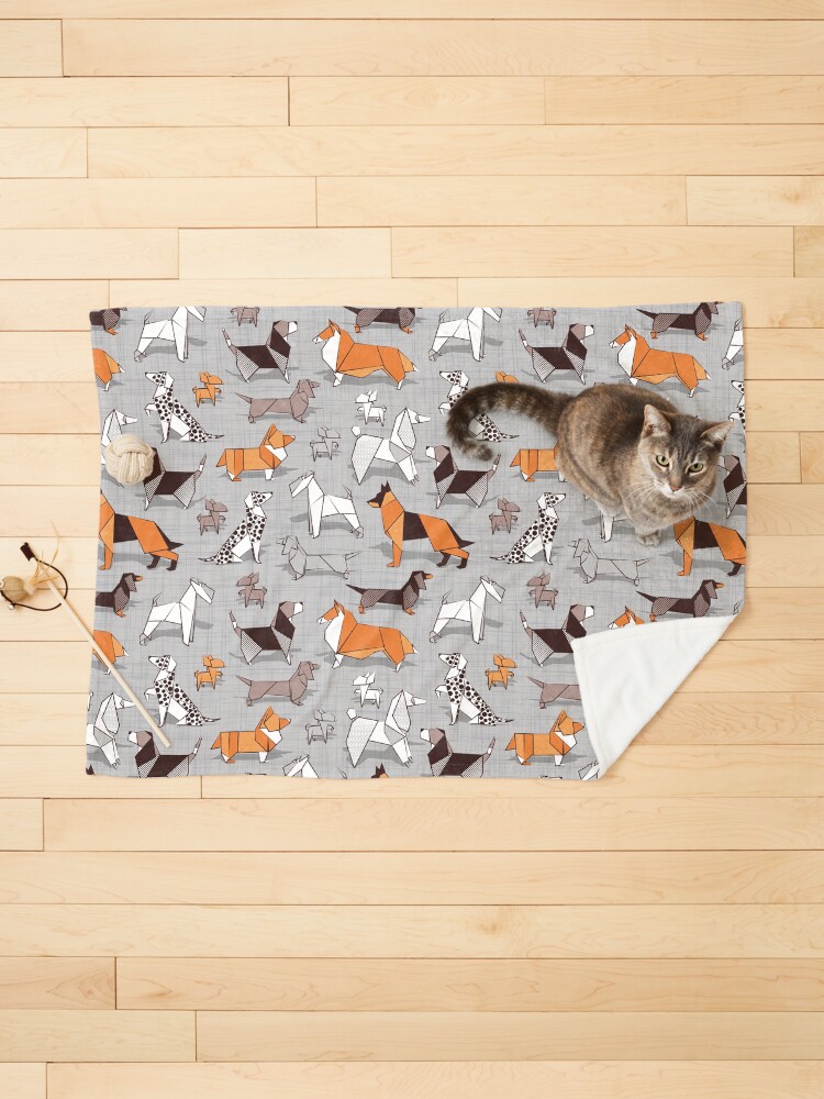 Thumbnail 1 of 6, Pet Blanket, Origami doggie friends // grey linen texture background designed and sold by SelmaCardoso.