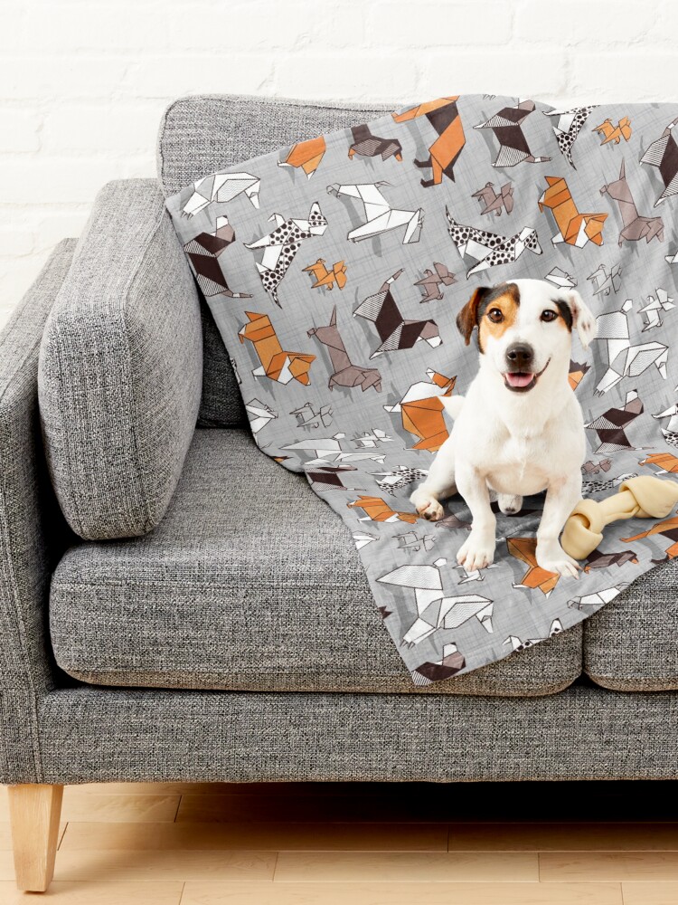 Alternate view of Origami doggie friends // grey linen texture background Pet Blanket