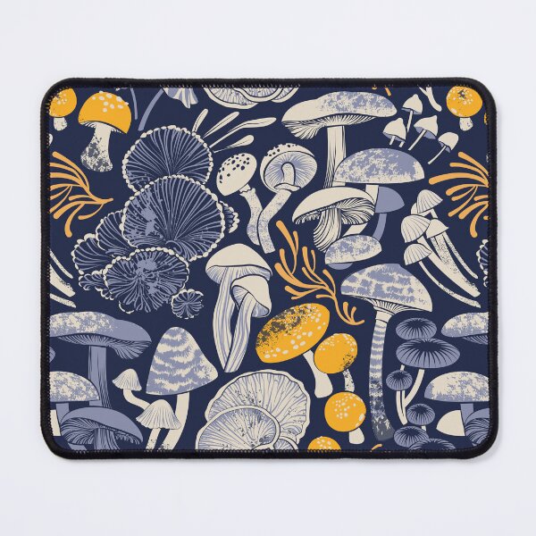Item preview, Mystical fungi // midnight blue background ivory pale blue and yellow wild mushrooms designed and sold by SelmaCardoso.