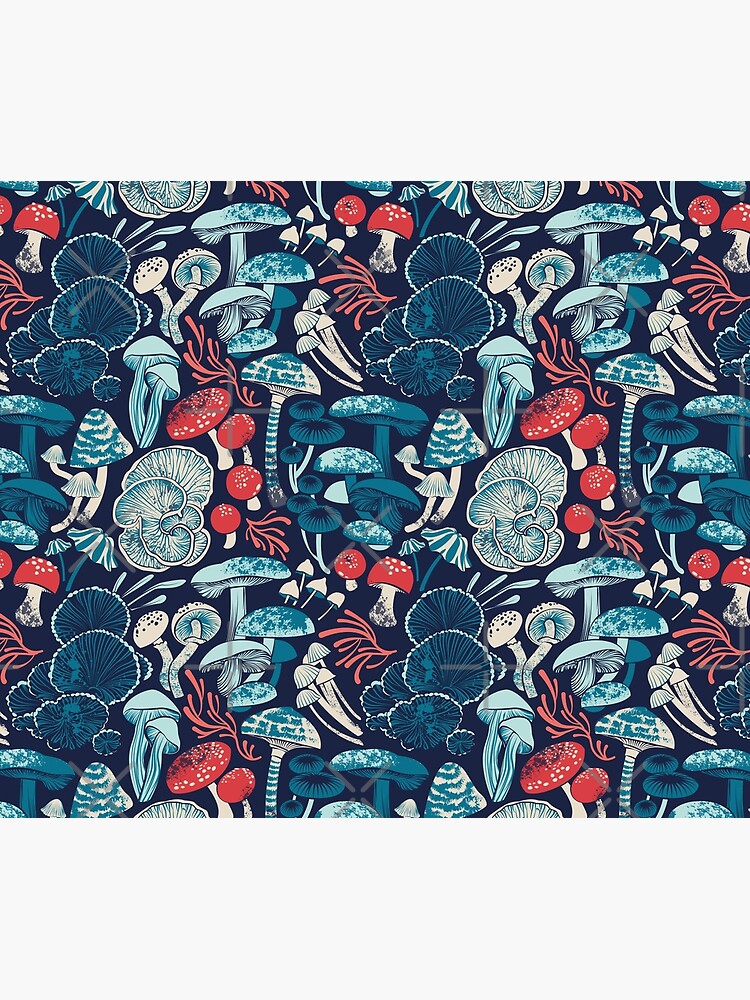 Mystical fungi // midnight blue background aqua teal coral and red wild mushrooms by SelmaCardoso