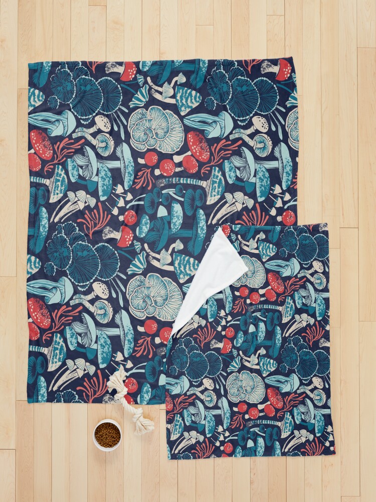 Alternate view of Mystical fungi // midnight blue background aqua teal coral and red wild mushrooms Pet Blanket
