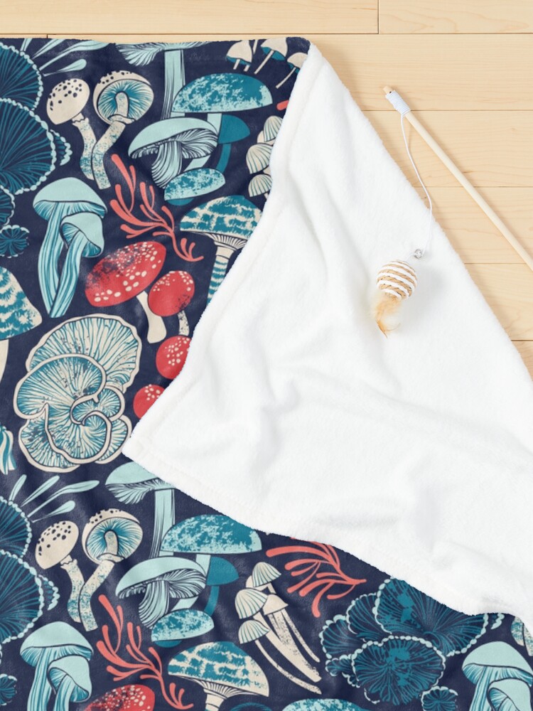 Alternate view of Mystical fungi // midnight blue background aqua teal coral and red wild mushrooms Pet Blanket