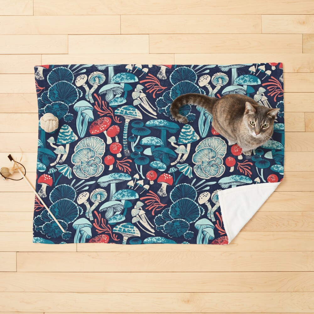 Mystical fungi // midnight blue background aqua teal coral and red wild mushrooms Pet Blanket