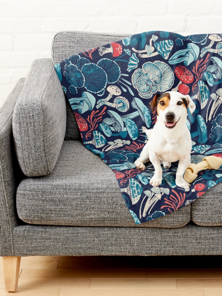 Alternate view of Mystical fungi // midnight blue background aqua teal coral and red wild mushrooms Pet Blanket