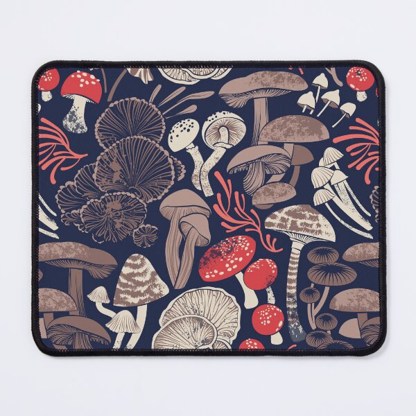 Vista previa del artículo con la obra «Hongos místicos // fondo azul medianoche setas rojas marrones y coral», diseñado y vendido por SelmaCardoso.
