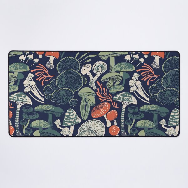 Copy of Mystical fungi // midnight blue background sage and forest green orange wild mushrooms Desk Mat