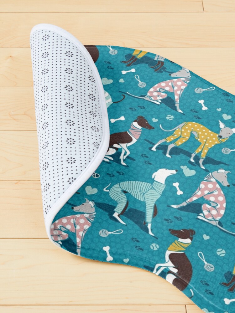 Pet Mat, Greyhounds dogwalk // turquoise background designed and sold by SelmaCardoso
