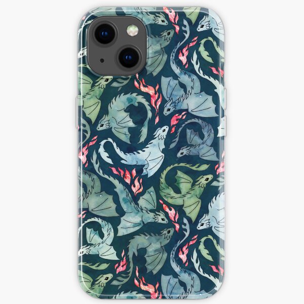Dragon fire dark blue & green iPhone Soft Case