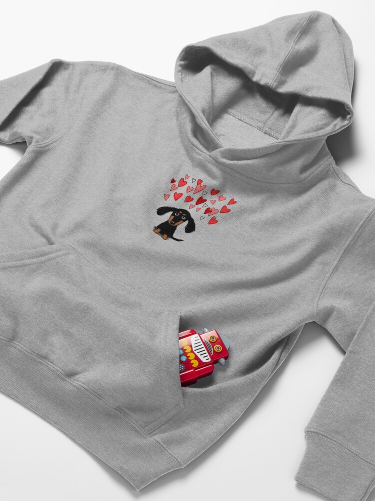 Alternate view of Cute Dachshund Puppy Dog with Valentine Hearts Kids Pullover Hoodie