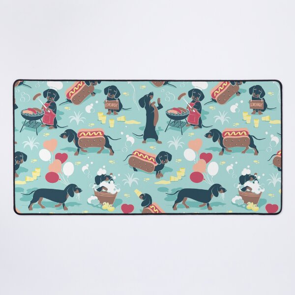 Item preview, Hot dogs and lemonade // aqua green background navy and brown dachshunds  designed and sold by SelmaCardoso.
