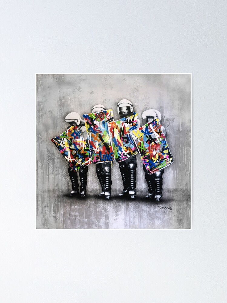 Poster for Sale avec l'œuvre « Derrière le rideau - Martin Whatson -  Pochoir moderne Graffiti Art urbain » de l'artiste Teecha