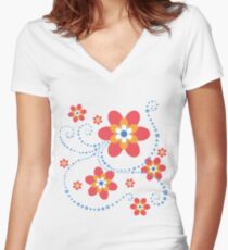 rot-orange-weiß-blaue Blumen mit blauen Punktspiralen Tailliertes T-Shirt mit V-Ausschnitt