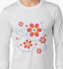 rot-orange-weiß-blaue Blumen mit blauen Punktspiralen Langarmshirt