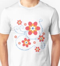rot-orange-weiß-blaue Blumen mit blauen Punktspiralen Slim Fit T-Shirt