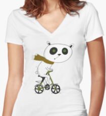 Cute funny panda on bike Women's Fitted V-Neck T-Shirt