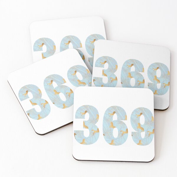 Item preview, Tesla magic manifesting numbers with golden unicorns leaping on a magical blue background designed and sold by Mary Egan.
