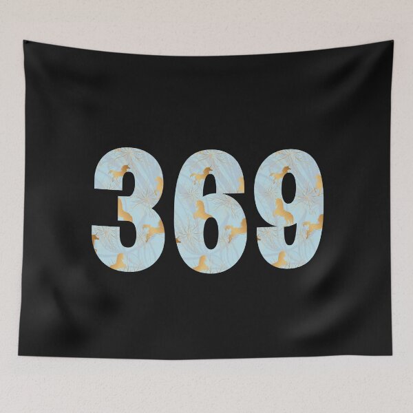 Item preview, Tesla magic manifesting numbers with golden unicorns leaping on a magical blue background designed and sold by Mary Egan.