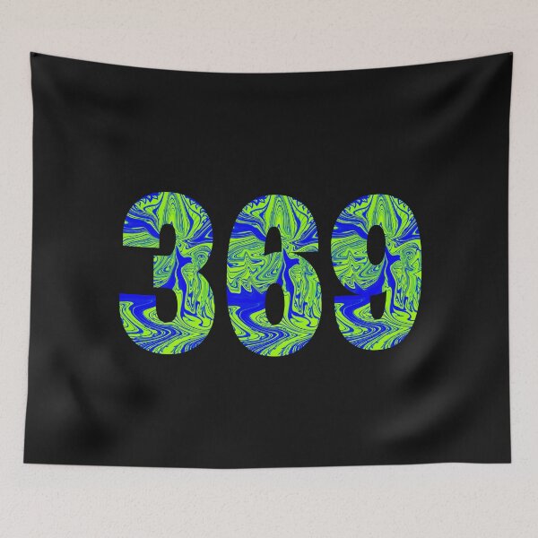 Item preview, Tesla magic manifesting numbers ina vibrant and bold, blue and green psychedelic liquid design designed and sold by Mary Egan.
