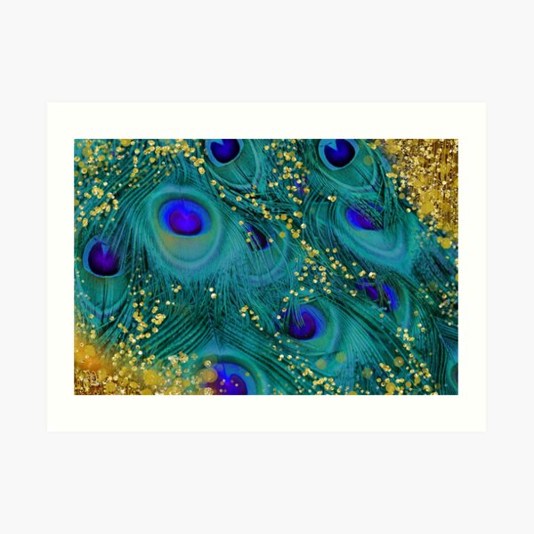 Dreamy peacock feathers, teal and purple, glimmering gold Art Print