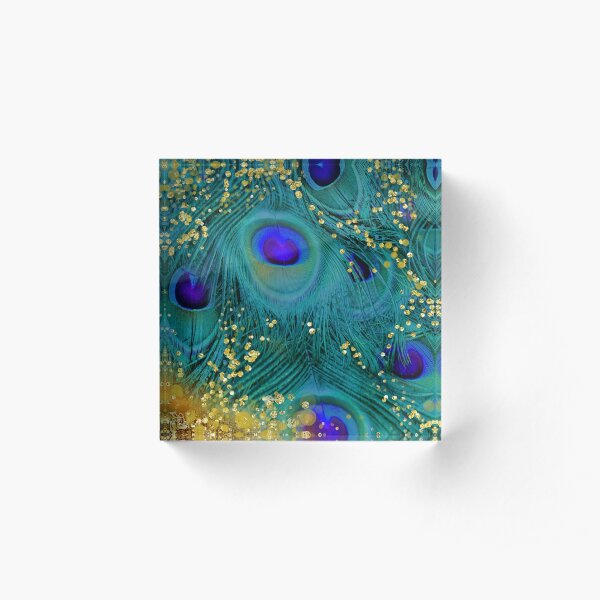 Dreamy peacock feathers, teal and purple, glimmering gold Acrylic Block