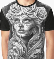 Black and Grey Catrina with a crown of roses. Graphic T-Shirt
