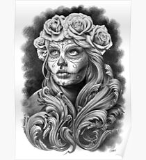 Schwarze und graue Catrina mit einer Krone aus Rosen. Poster
