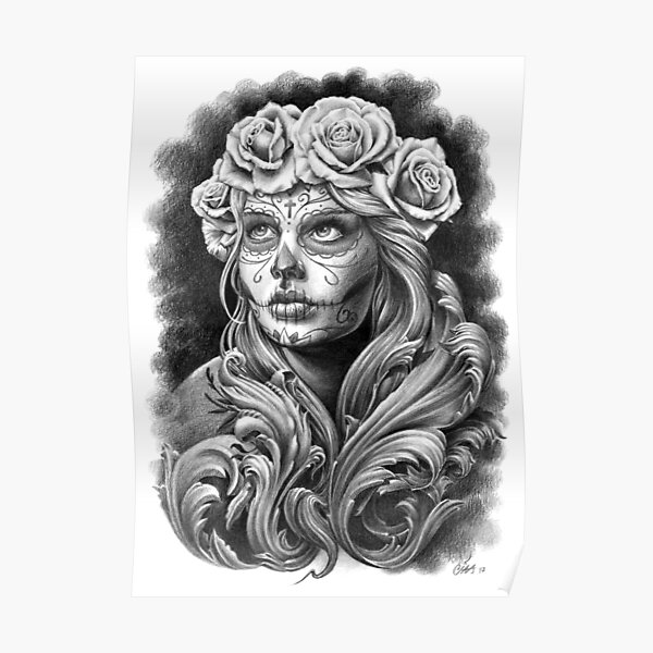 Black and Grey Catrina with a crown of roses. Poster
