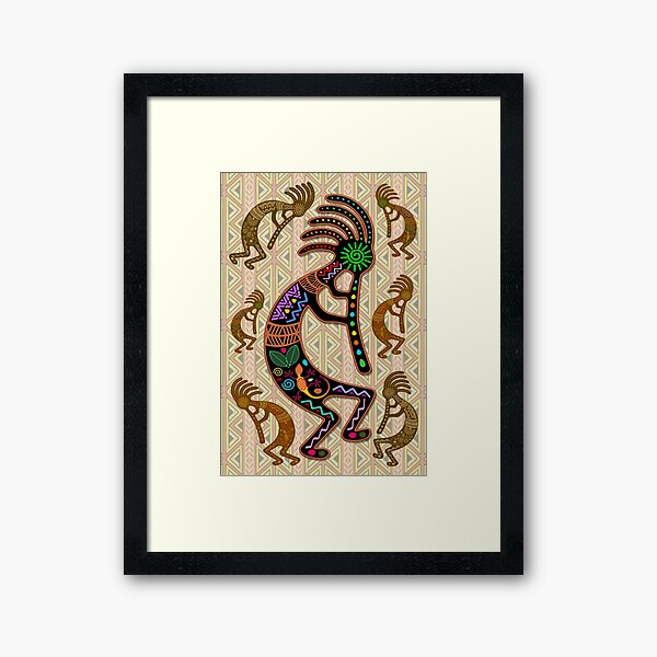 Kokopelli Rainbow Colors on Tribal Pattern Framed Art Print