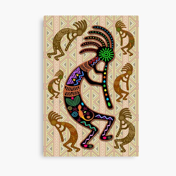 Kokopelli Rainbow Colors on Tribal Pattern Canvas Print
