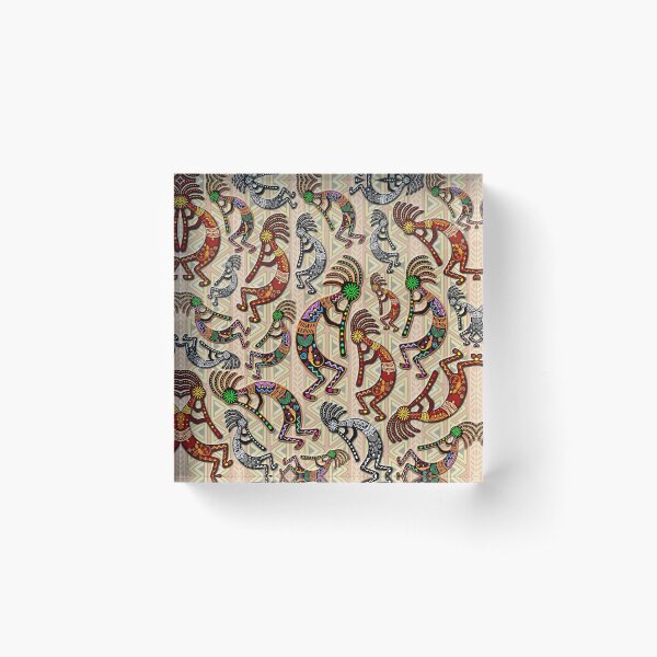 Kokopelli Rainbow Colors on Tribal Pattern Acrylic Block