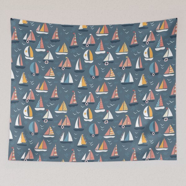 Item preview, Sailing boats and birds on sea pattern designed and sold by pocketgraphic.
