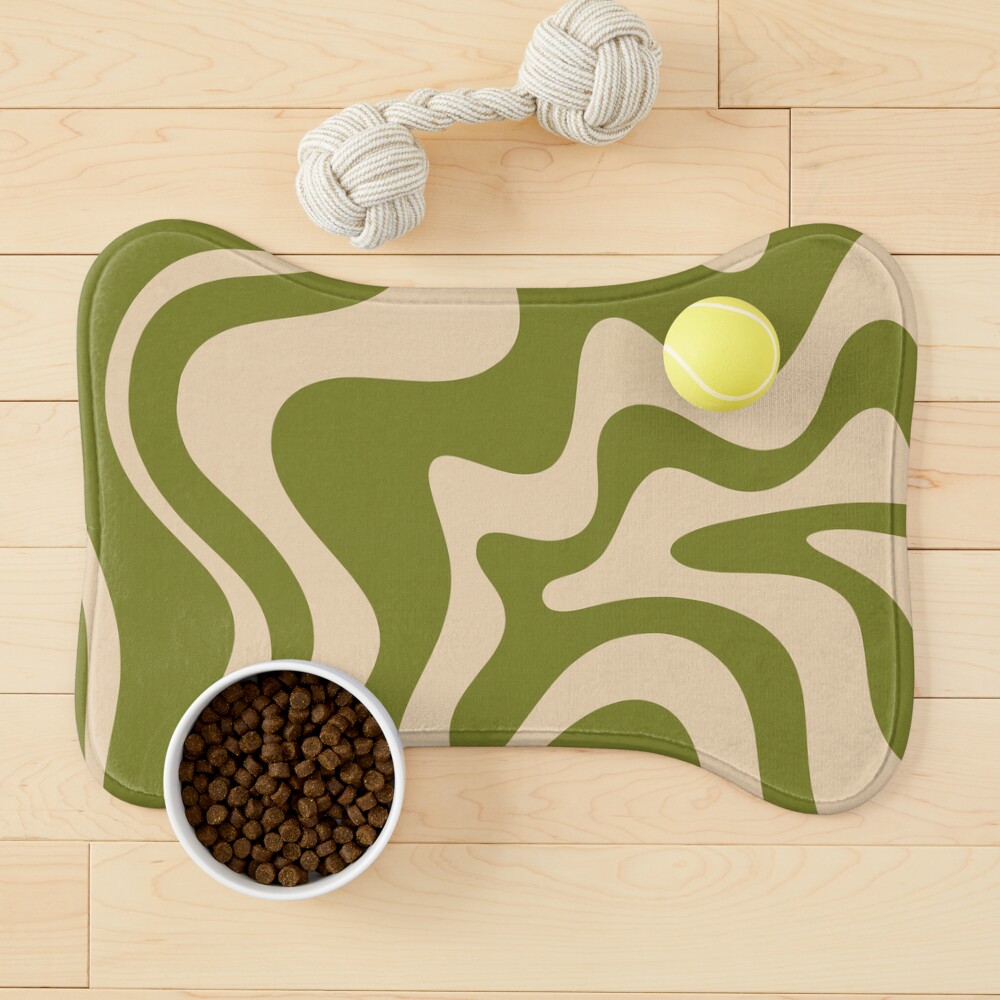 Retro Liquid Swirl Abstract Pattern in Mid Mod Beige and Olive Green Pet Mat