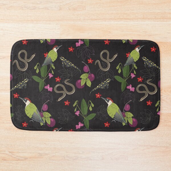 Item preview, Green woodpecker, salamander, slow worm, plums and flowers, a pattern inspired by forest trips in the Czech Republic. Large pattern designed and sold by Naty Design Prague.