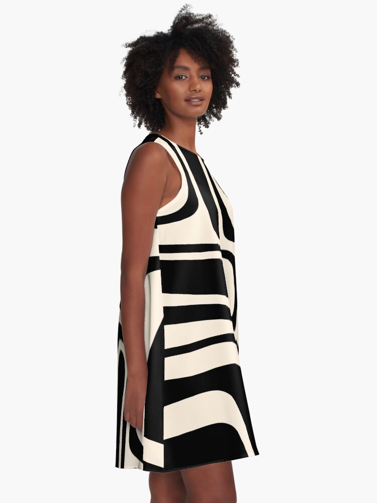 Alternate view of Palm Springs Retro Midcentury Modern Abstract Pattern in Black and Almond Cream A-Line Dress