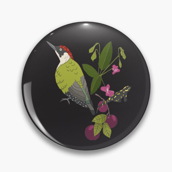 Item preview, Green woodpecker, salamander, slow worm, plums and flowers, a pattern inspired by forest trips in the Czech Republic. Smaller pattern designed and sold by Naty Design Prague.