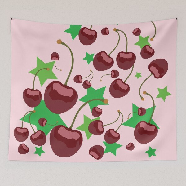 Item preview, Cherry fruit and green stars pattern  cherry blossom fruit, cherry wallpaper , designed and sold by SGS-.