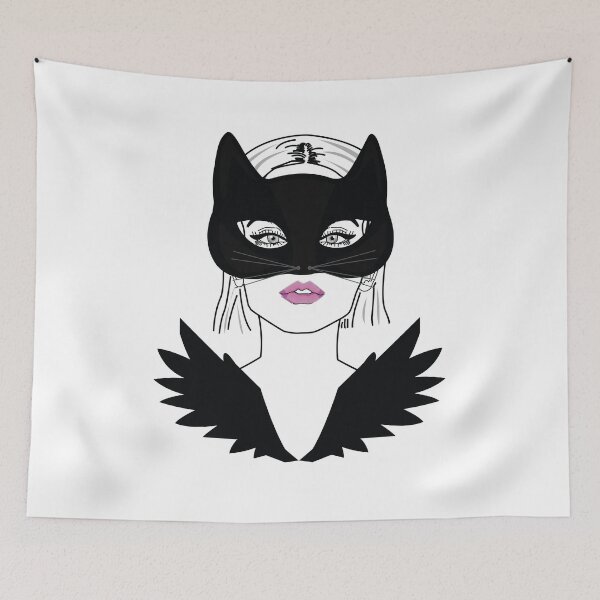Item preview, Lady in a Masquerade wearing half cat face mask and black winged dress, Line Art  designed and sold by SGS-.