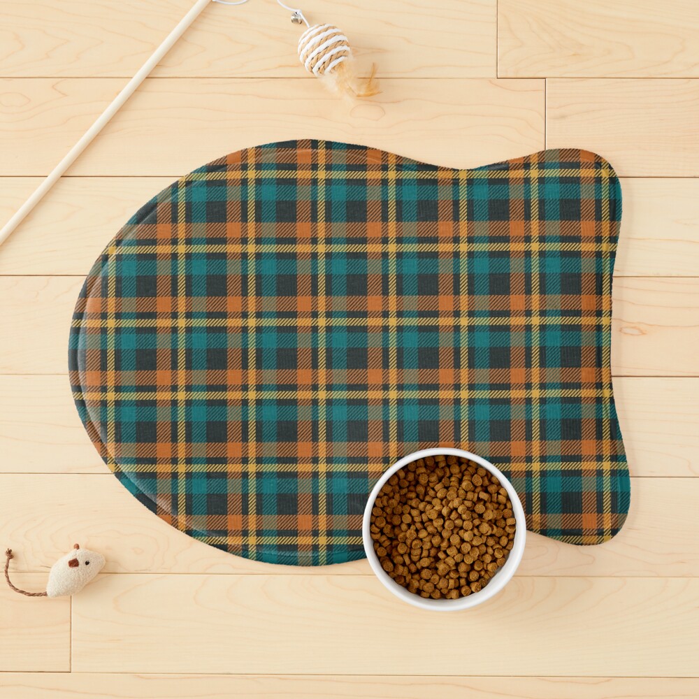 Tartan - Brown, Ocean Blue and Gold on a dark background Pet Mat