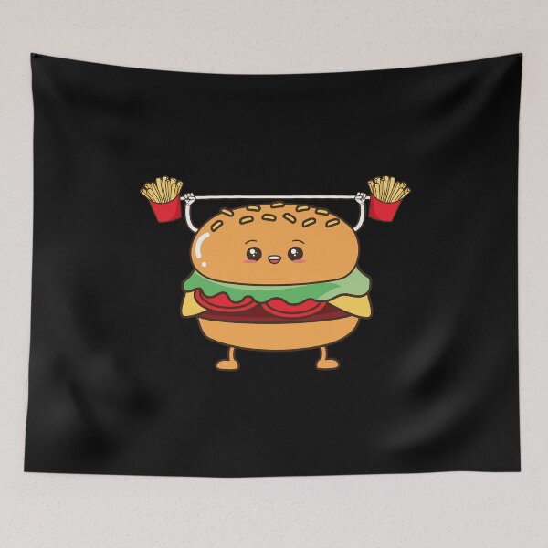 Artikelvorschau, Hamburger Cheeseburger Pommes Gewichtheben Cartoon entworfen und verkauft von Shirtflyer.
