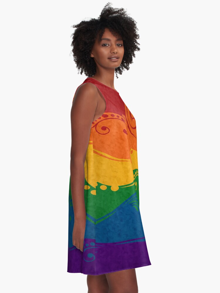 Alternate view of Fancy Swooped and Swirled LGBTQ Pride Rainbow Flag Background A-Line Dress