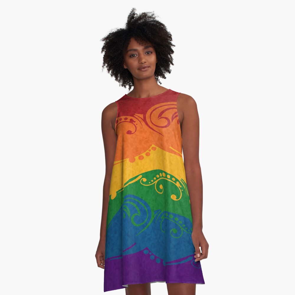 Fancy Swooped and Swirled LGBTQ Pride Rainbow Flag Background A-Line Dress