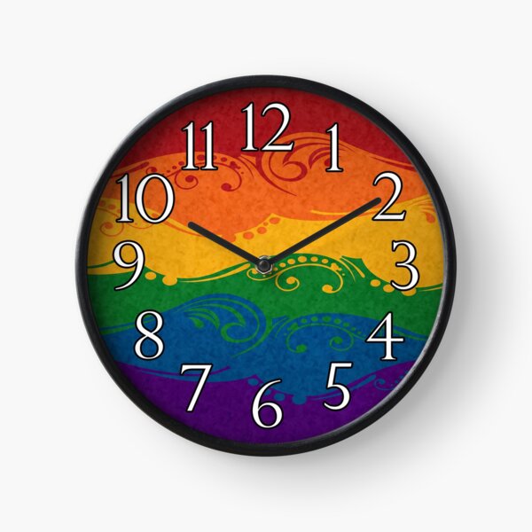 Fancy Swooped and Swirled LGBTQ Pride Rainbow Flag Background Clock