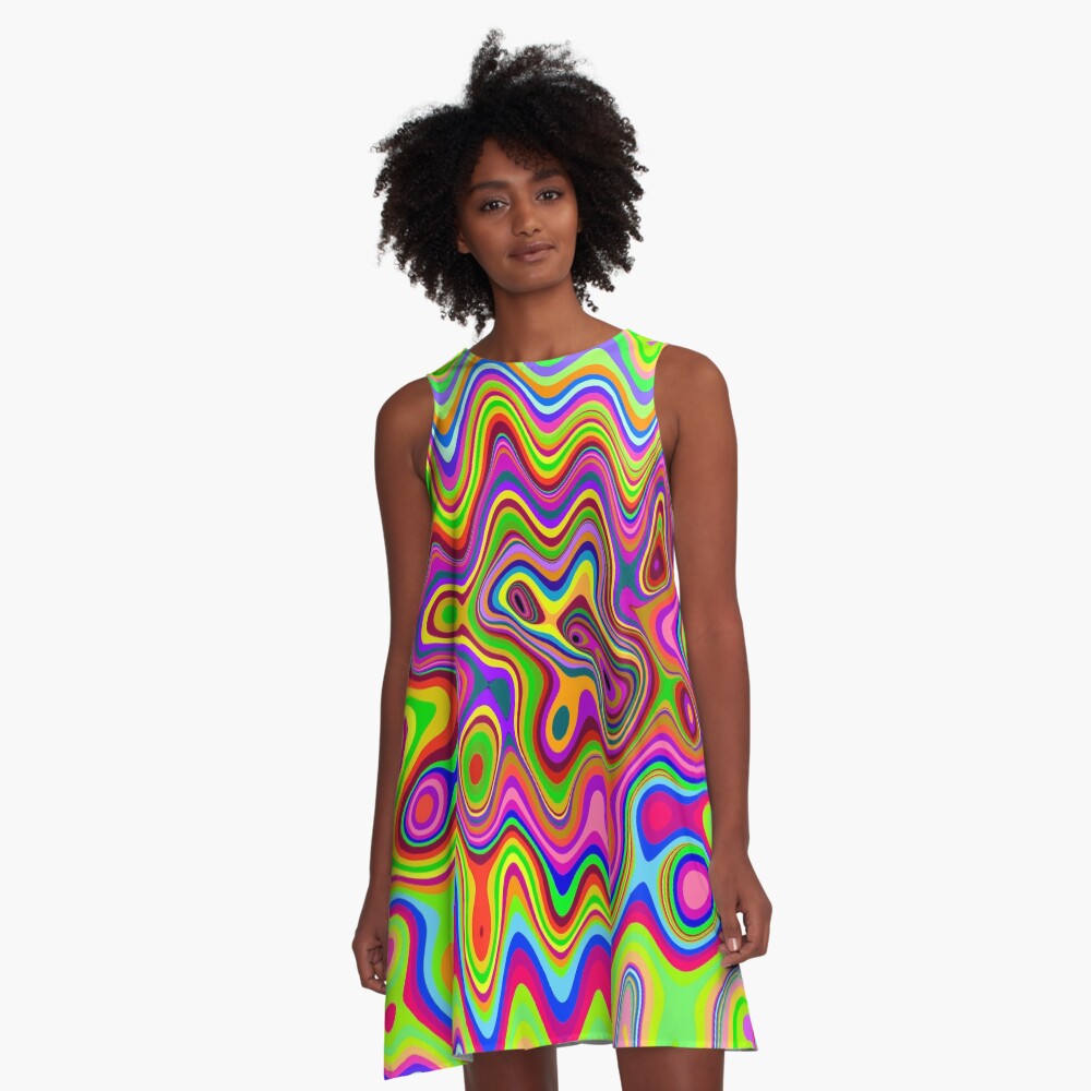 Psychedelic Glowing Colors Pattern A-Line Dress