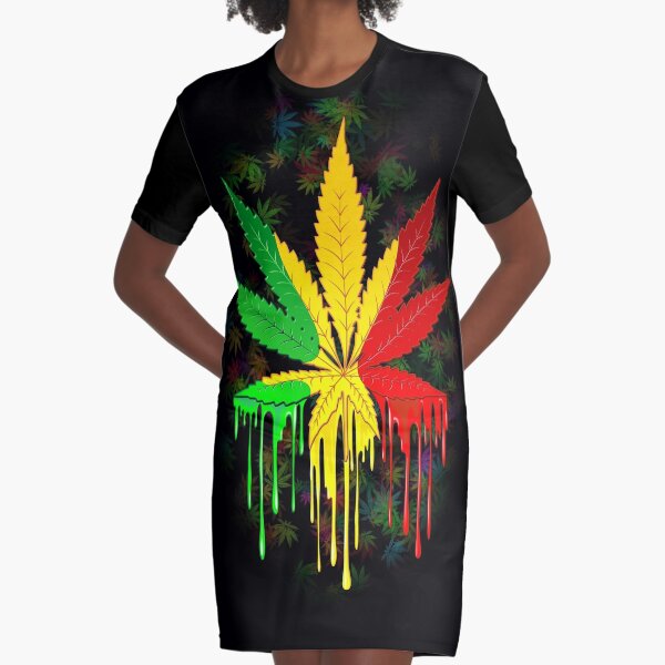 Marijuana Leaf Rasta Colors Dripping Paint Graphic T-Shirt Dress
