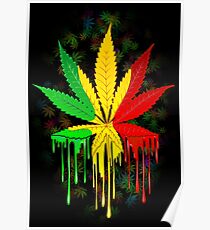 Marijuana Leaf Rasta Colors Dripping Paint Poster