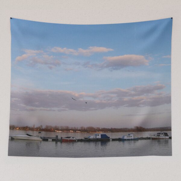 Item preview, Blue Sky With Clouds And River Boats designed and sold by The Glasses Girl.