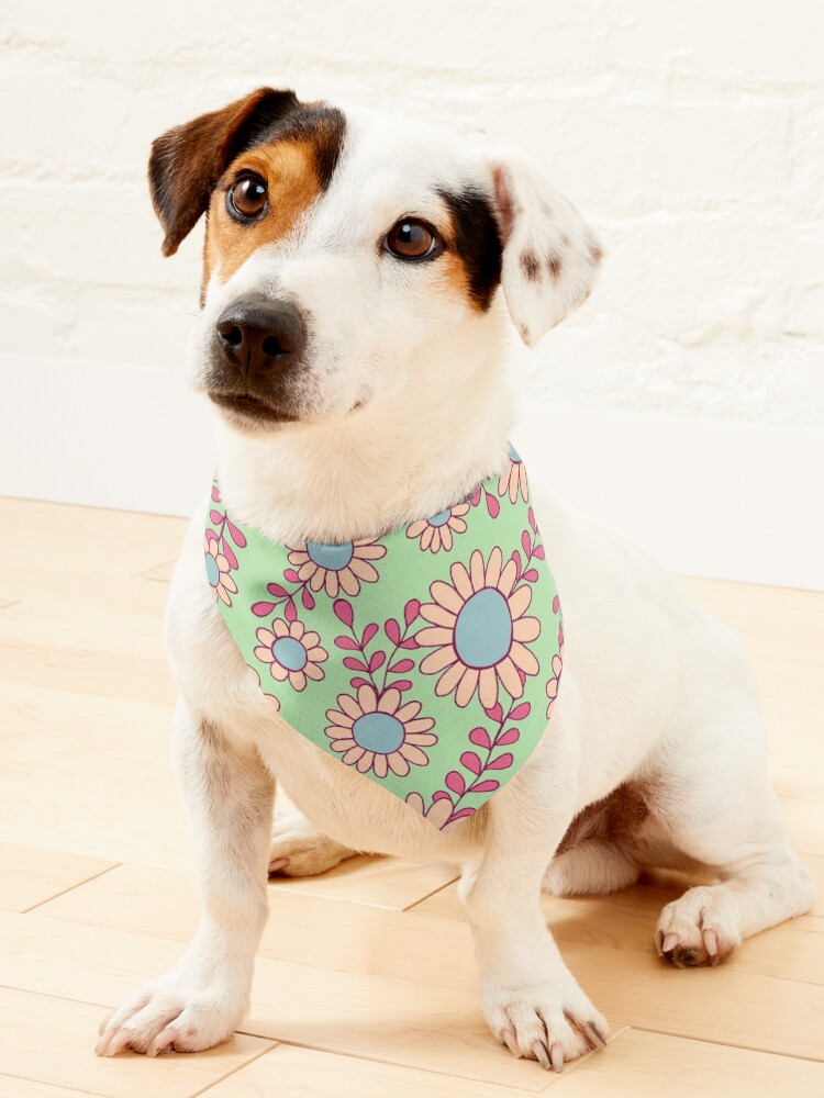 Retro 70s daisy flowers botanical pattern in green pink and blue Pet Bandana for Sale by Nat Orona