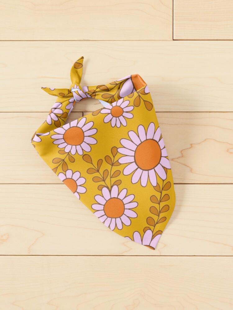Thumbnail 2 of 6, Pet Bandana, Retro 70s daisy flowers botanical pattern in orange and pink designed and sold by natalisapattern.