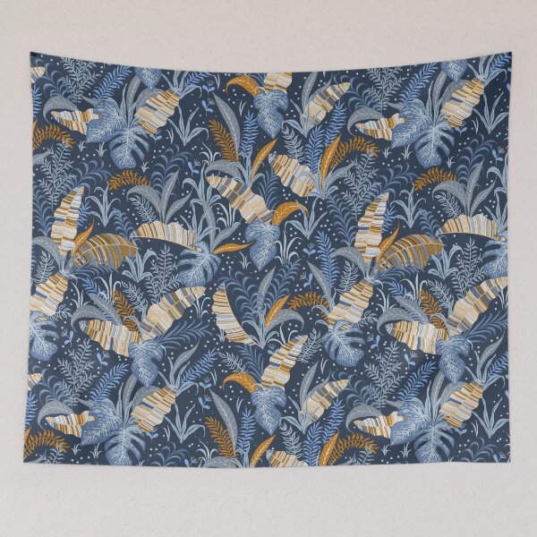 Item preview, Tropical leaves on a blue background. designed and sold by Skaska.