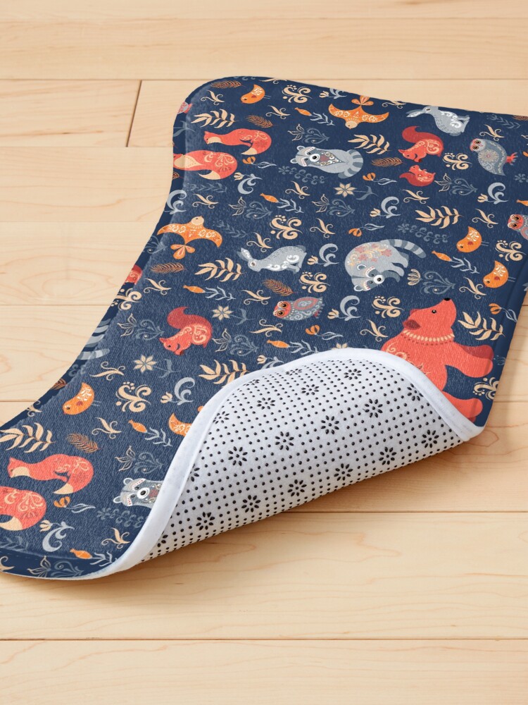 Alternate view of Fairy-tale forest. Fox, bear, raccoon, owls, rabbits, flowers and herbs on a blue background. Pet Mat